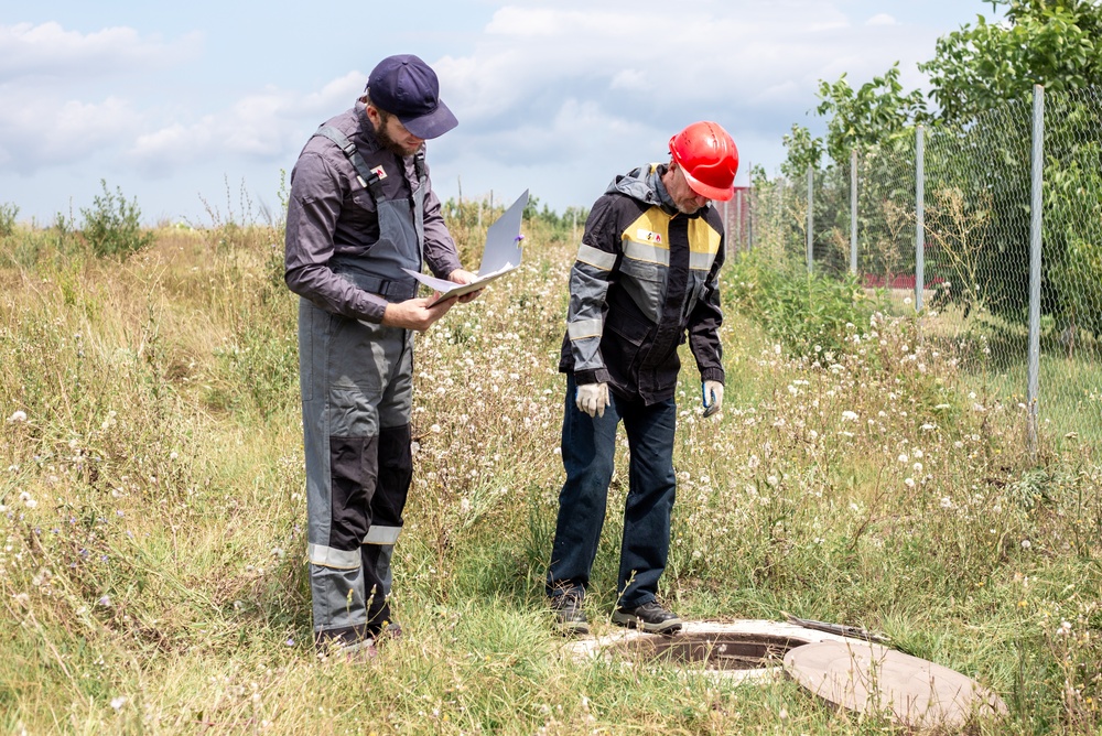 Two technical specialists inspect an open concrete manhole on a grassy field